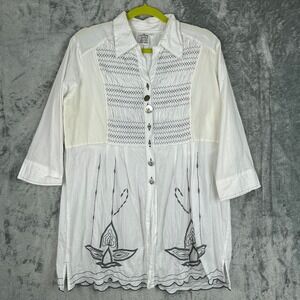 Parsley & Sage Tunic Top Large White Lagenlook Boho Artsy Embroidered Shirt